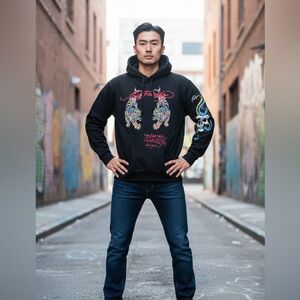 Ed Hardy Black Hoodie with Colorful Graphic